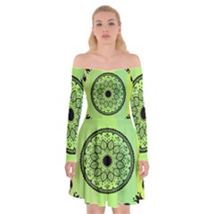 Green Grid Cute Flower Mandala Off Shoulder Skater Dress by Magicworlddreamarts1