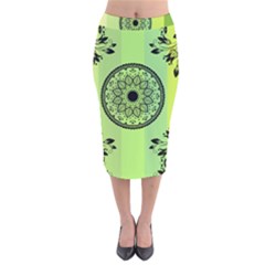 Green Grid Cute Flower Mandala Velvet Midi Pencil Skirt by Magicworlddreamarts1