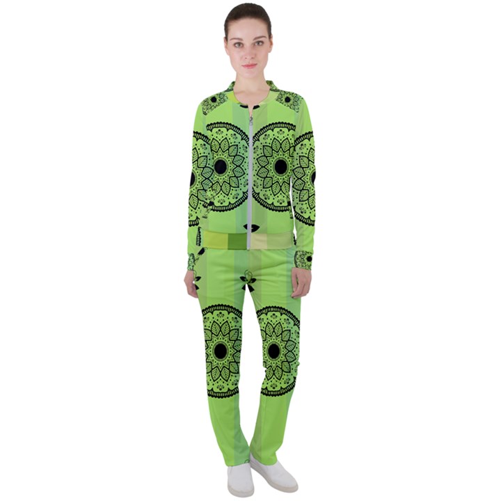 Green Grid Cute Flower Mandala Casual Jacket and Pants Set