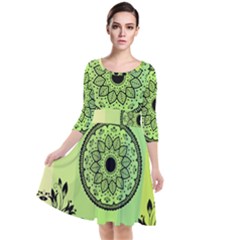 Green Grid Cute Flower Mandala Quarter Sleeve Waist Band Dress by Magicworlddreamarts1