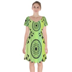 Green Grid Cute Flower Mandala Short Sleeve Bardot Dress by Magicworlddreamarts1