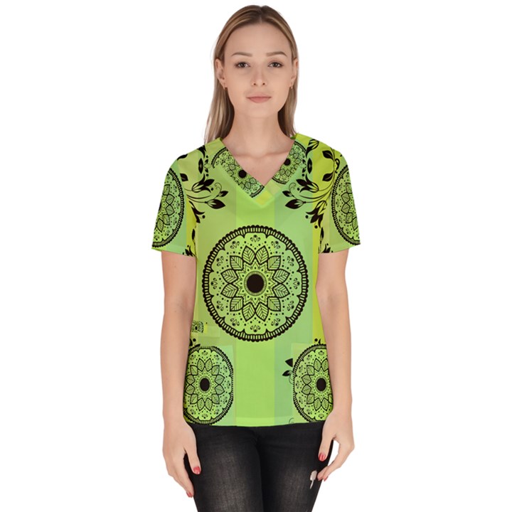 Green Grid Cute Flower Mandala Women s V-Neck Scrub Top