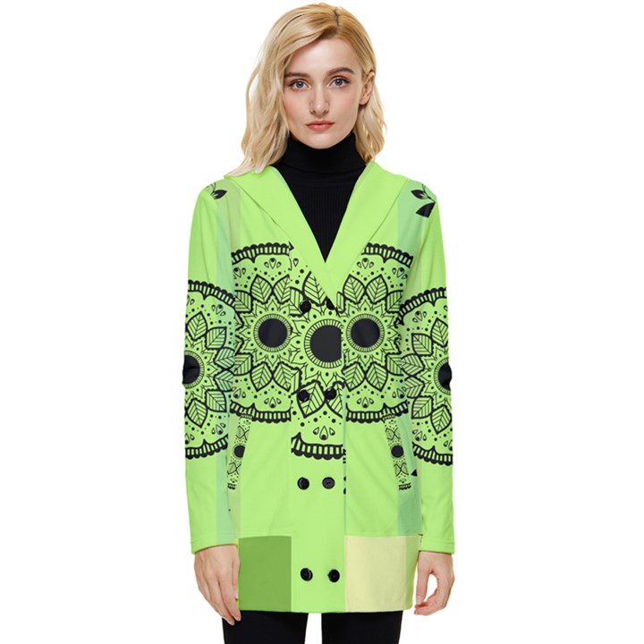 Green Grid Cute Flower Mandala Button Up Hooded Coat 