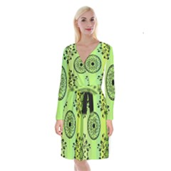 Green Grid Cute Flower Mandala Long Sleeve Velvet Front Wrap Dress by Magicworlddreamarts1