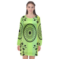 Green Grid Cute Flower Mandala Long Sleeve Chiffon Shift Dress  by Magicworlddreamarts1