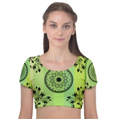 Green Grid Cute Flower Mandala Velvet Short Sleeve Crop Top 