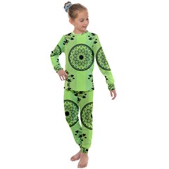 Green Grid Cute Flower Mandala Kids  Long Sleeve Set 