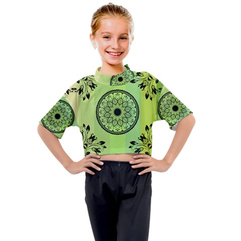 Green Grid Cute Flower Mandala Kids Mock Neck Tee by Magicworlddreamarts1