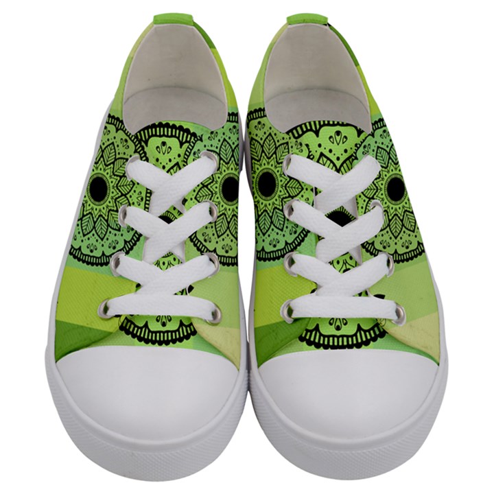 Green Grid Cute Flower Mandala Kids  Low Top Canvas Sneakers