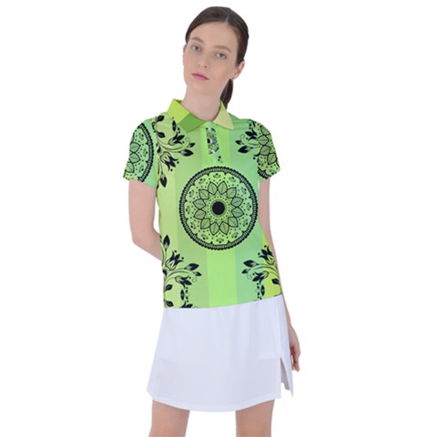 Green Grid Cute Flower Mandala Women s Polo Tee by Magicworlddreamarts1