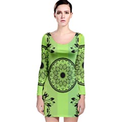 Green Grid Cute Flower Mandala Long Sleeve Velvet Bodycon Dress