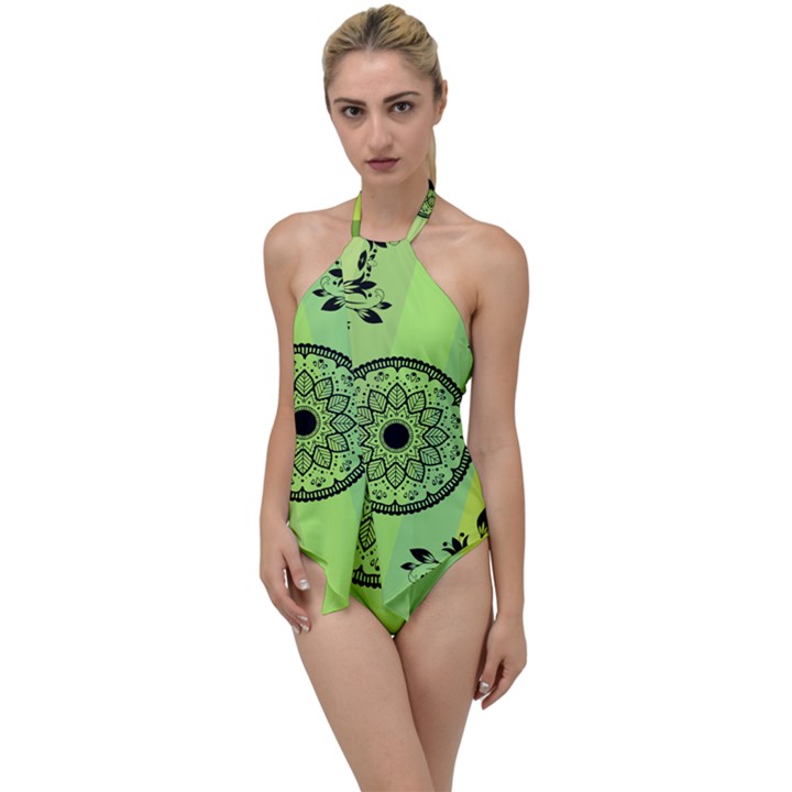 Green Grid Cute Flower Mandala Go with the Flow One Piece Swimsuit