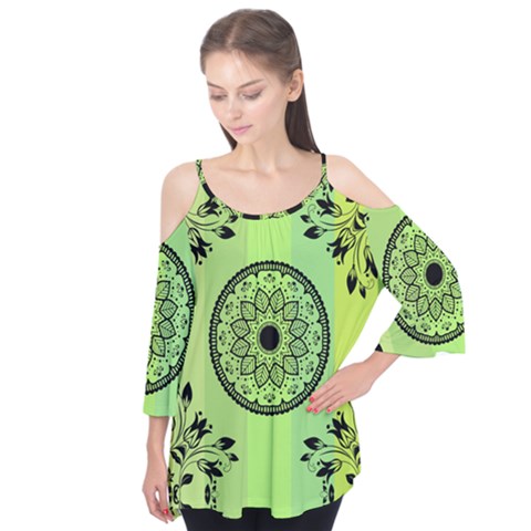 Green Grid Cute Flower Mandala Flutter Tees by Magicworlddreamarts1