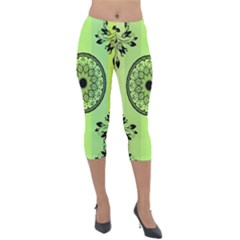 Green Grid Cute Flower Mandala Lightweight Velour Capri Leggings  by Magicworlddreamarts1