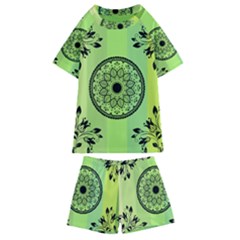 Green Grid Cute Flower Mandala Kids  Swim Tee And Shorts Set by Magicworlddreamarts1