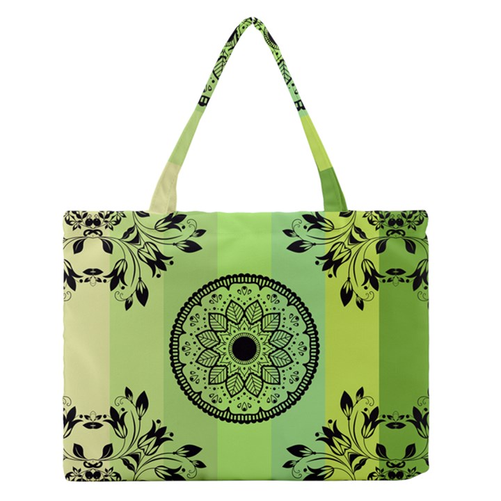 Green Grid Cute Flower Mandala Zipper Medium Tote Bag