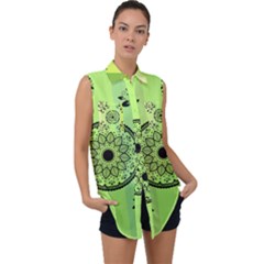 Green Grid Cute Flower Mandala Sleeveless Chiffon Button Shirt