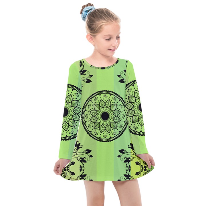 Green Grid Cute Flower Mandala Kids  Long Sleeve Dress