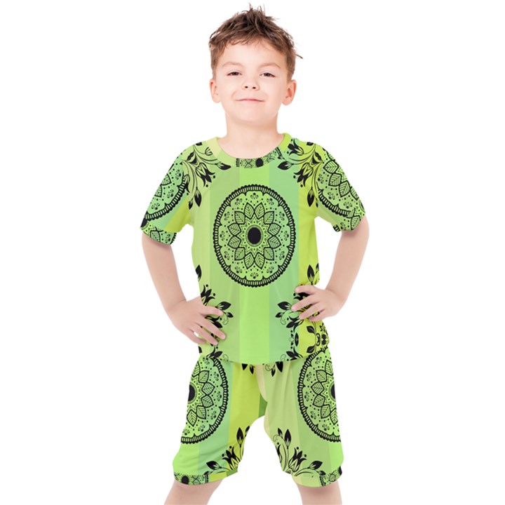 Green Grid Cute Flower Mandala Kids  Tee and Shorts Set