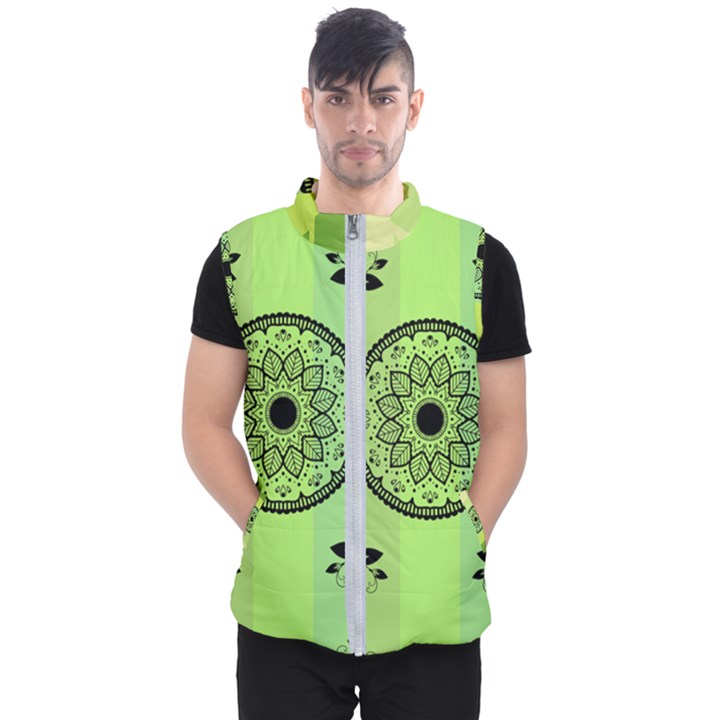 Green Grid Cute Flower Mandala Men s Puffer Vest