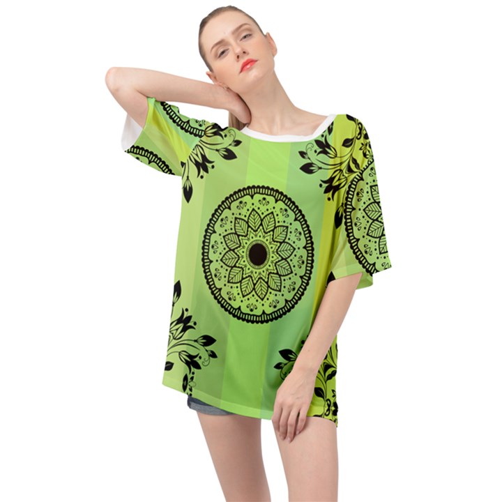 Green Grid Cute Flower Mandala Oversized Chiffon Top