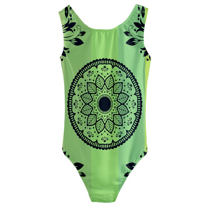 Green Grid Cute Flower Mandala Kids  Cut-Out Back One Piece Swimsuit