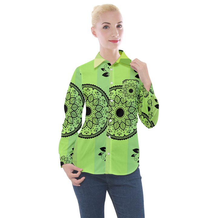 Green Grid Cute Flower Mandala Women s Long Sleeve Pocket Shirt