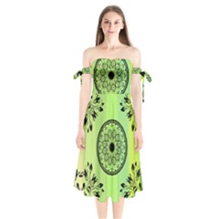 Green Grid Cute Flower Mandala Shoulder Tie Bardot Midi Dress by Magicworlddreamarts1