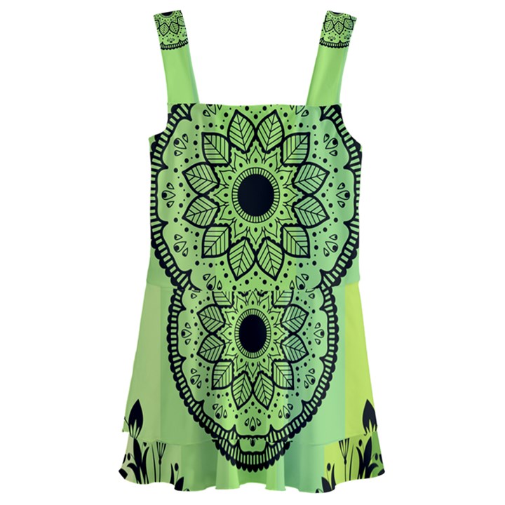 Green Grid Cute Flower Mandala Kids  Layered Skirt Swimsuit