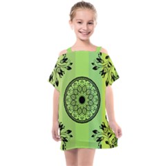 Green Grid Cute Flower Mandala Kids  One Piece Chiffon Dress by Magicworlddreamarts1