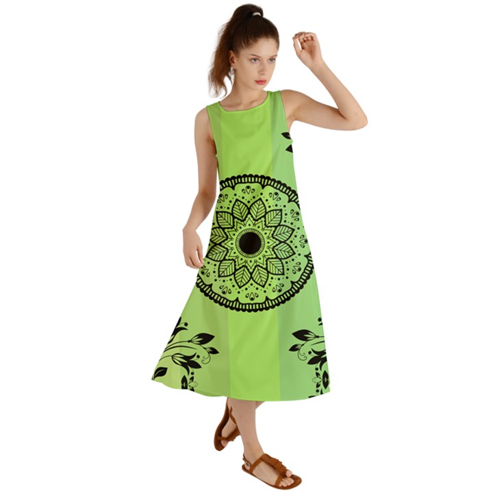 Green Grid Cute Flower Mandala Summer Maxi Dress