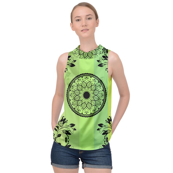 Green Grid Cute Flower Mandala High Neck Satin Top