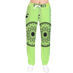 Green Grid Cute Flower Mandala Women Velvet Drawstring Pants by Magicworlddreamarts1