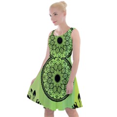 Green Grid Cute Flower Mandala Knee Length Skater Dress by Magicworlddreamarts1