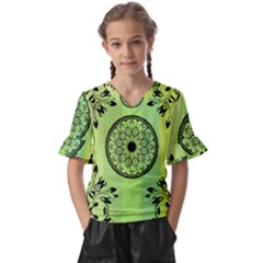 Green Grid Cute Flower Mandala Kids  V-neck Horn Sleeve Blouse by Magicworlddreamarts1