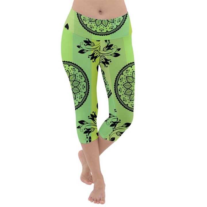 Green Grid Cute Flower Mandala Lightweight Velour Capri Yoga Leggings