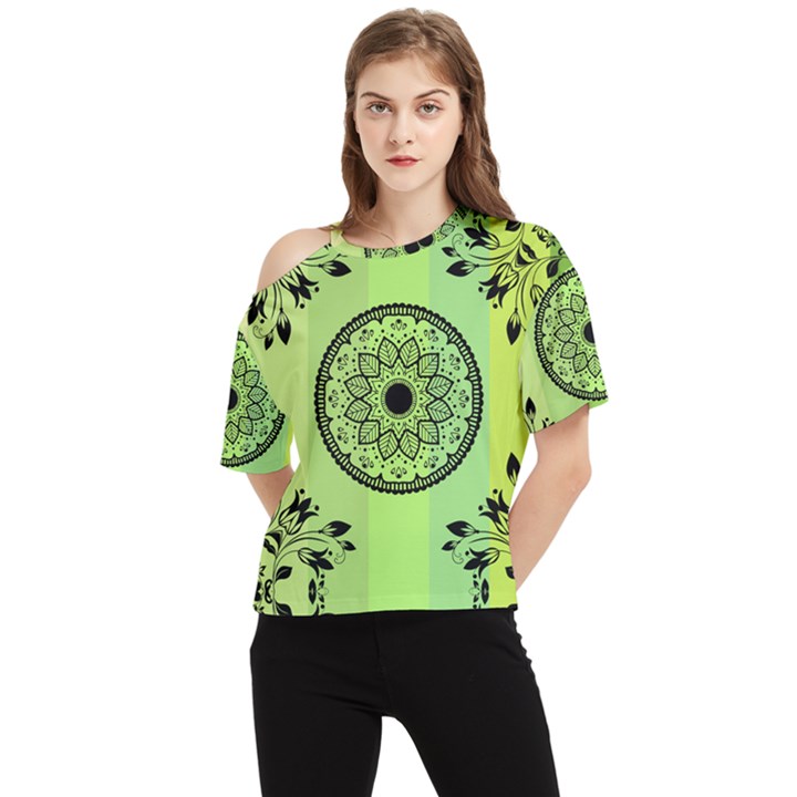 Green Grid Cute Flower Mandala One Shoulder Cut Out Tee