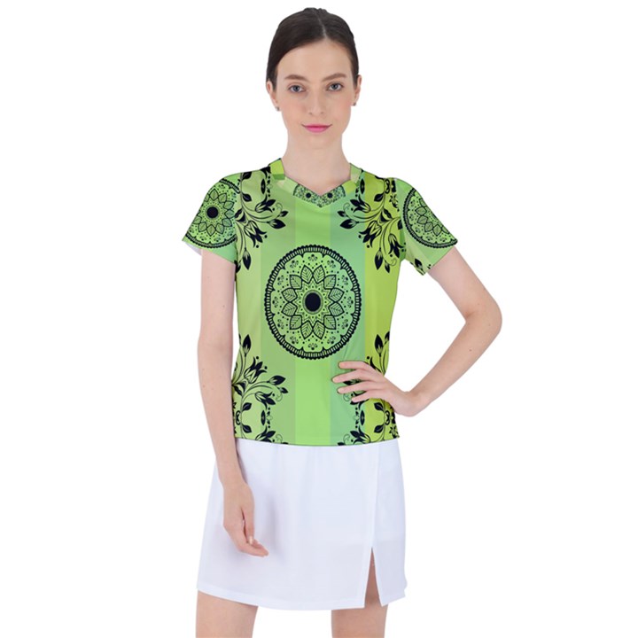 Green Grid Cute Flower Mandala Women s Sports Top