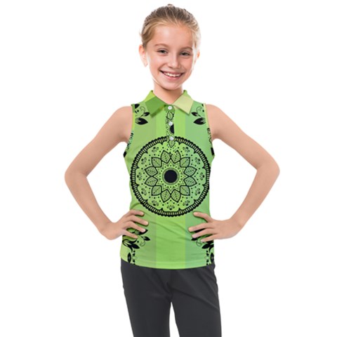 Green Grid Cute Flower Mandala Kids  Sleeveless Polo Tee by Magicworlddreamarts1