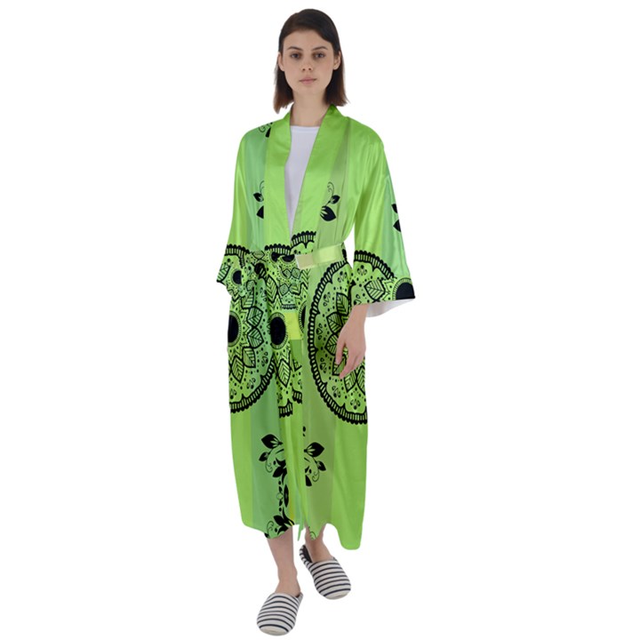 Green Grid Cute Flower Mandala Maxi Satin Kimono