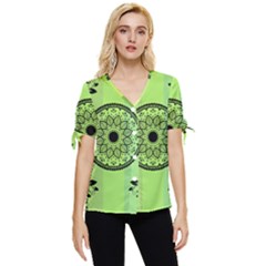 Green Grid Cute Flower Mandala Bow Sleeve Button Up Top by Magicworlddreamarts1