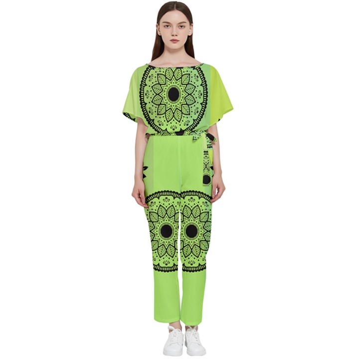 Green Grid Cute Flower Mandala Batwing Lightweight Jumpsuit