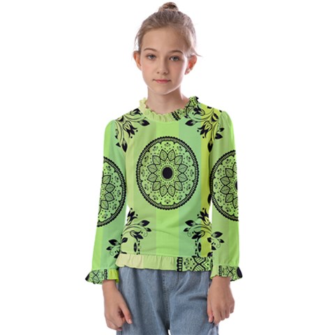 Green Grid Cute Flower Mandala Kids  Frill Detail Tee by Magicworlddreamarts1