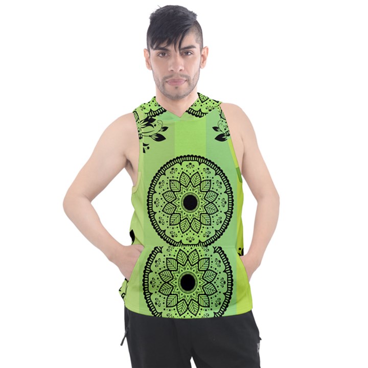 Green Grid Cute Flower Mandala Men s Sleeveless Hoodie