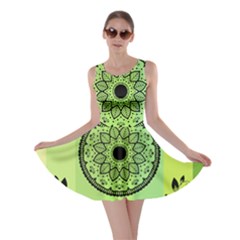 Green Grid Cute Flower Mandala Skater Dress by Magicworlddreamarts1