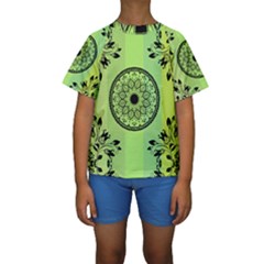 Green Grid Cute Flower Mandala Kids  Short Sleeve Swimwear by Magicworlddreamarts1