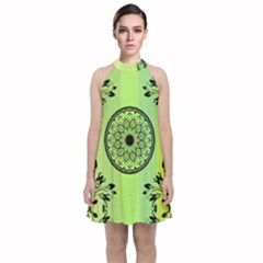 Green Grid Cute Flower Mandala Velvet Halter Neckline Dress 