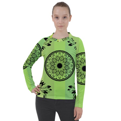 Green Grid Cute Flower Mandala Women s Pique Long Sleeve Tee by Magicworlddreamarts1