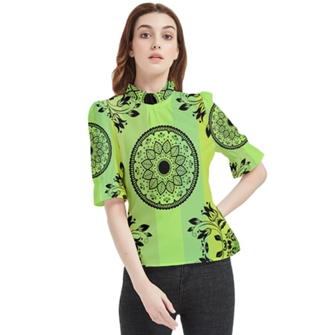 Green Grid Cute Flower Mandala Frill Neck Blouse by Magicworlddreamarts1