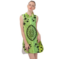 Green Grid Cute Flower Mandala Sleeveless Shirt Dress by Magicworlddreamarts1